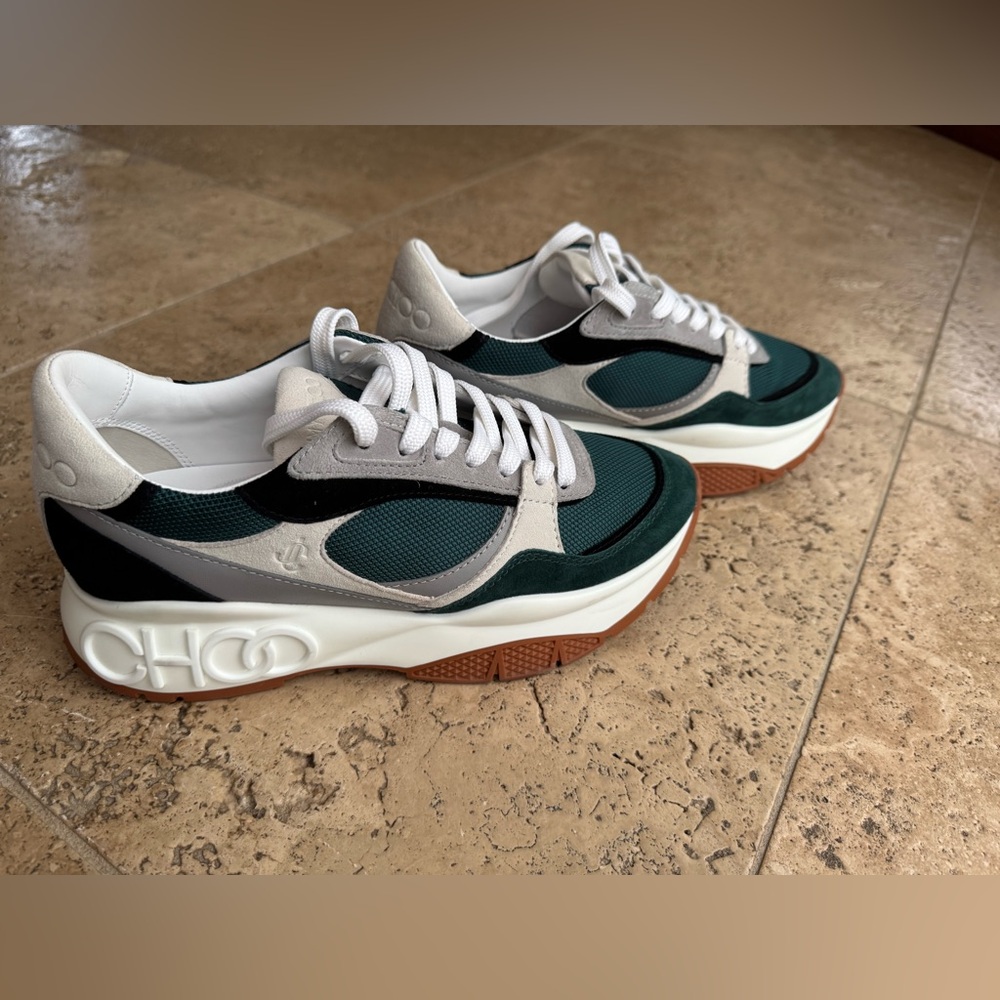 JIMMY CHOO LANDON GREEN GRAY SUEDE BLACK LEATHER PLATFORM SNEAKERS